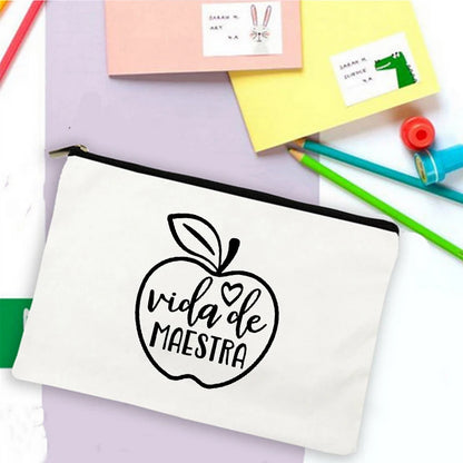 School Stationery Supplies Storage Bags  Rainbow Teacher Spanish Printed Teacher Pencil Cases Travel Wash Pouch Gifts Makeup Bag