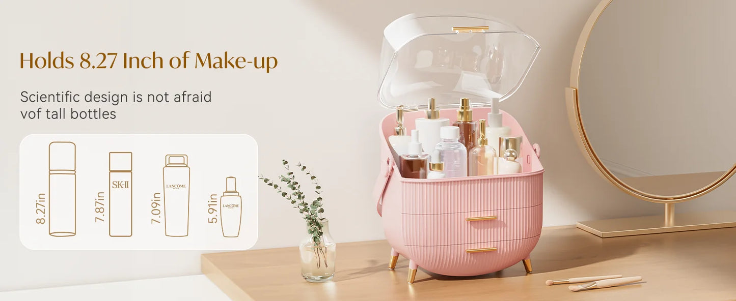 Makeup Storage Organizer with Lid Waterproof Cosmetics Skincare Organizer for Vanity Portable Cosmetics Storage Box for Girls