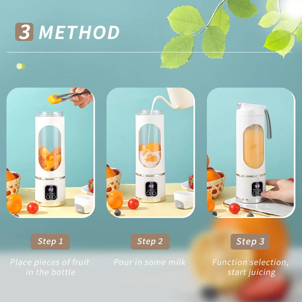 Portable Electric Juice Blender Cup 450ML 12-Blade Powerful Motor Juicing Cup Household Travel Rechargeable Juice Bottle