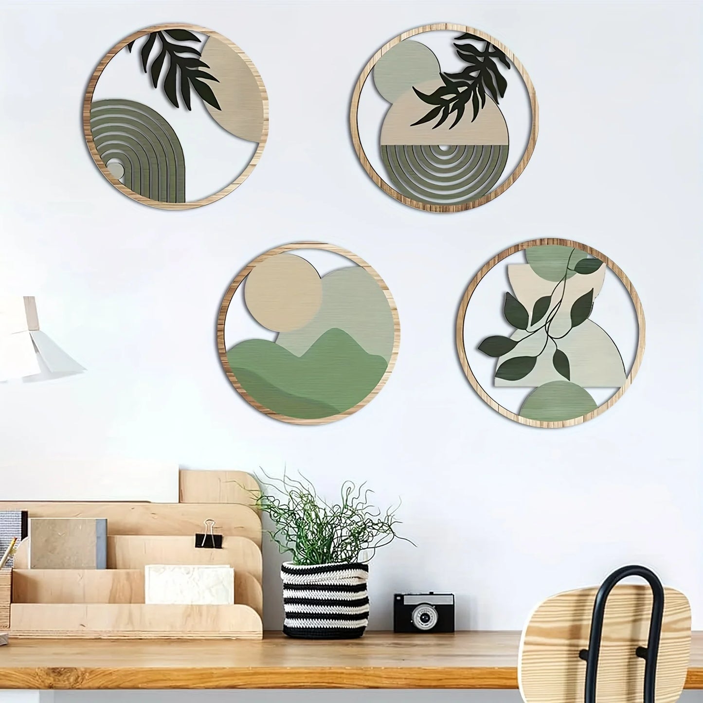 4PC Bohemian Wooden Wall Art Decor, Hollow Rustic Farmhouse Hanging Sculptures for Living Room, Bedroom, Outdoor Patio