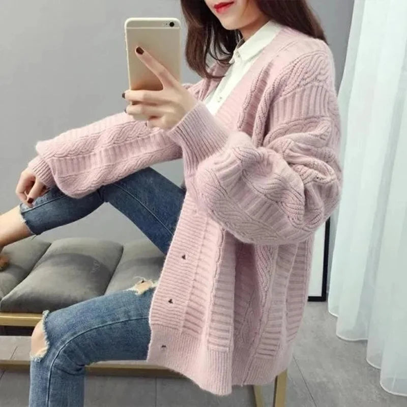 Oversized Knit Sweater Coat Women Autumn Winter Long Sleeve Twisted Sweaters Cardigan Woman Wild Solid Color Cardigans Ladies