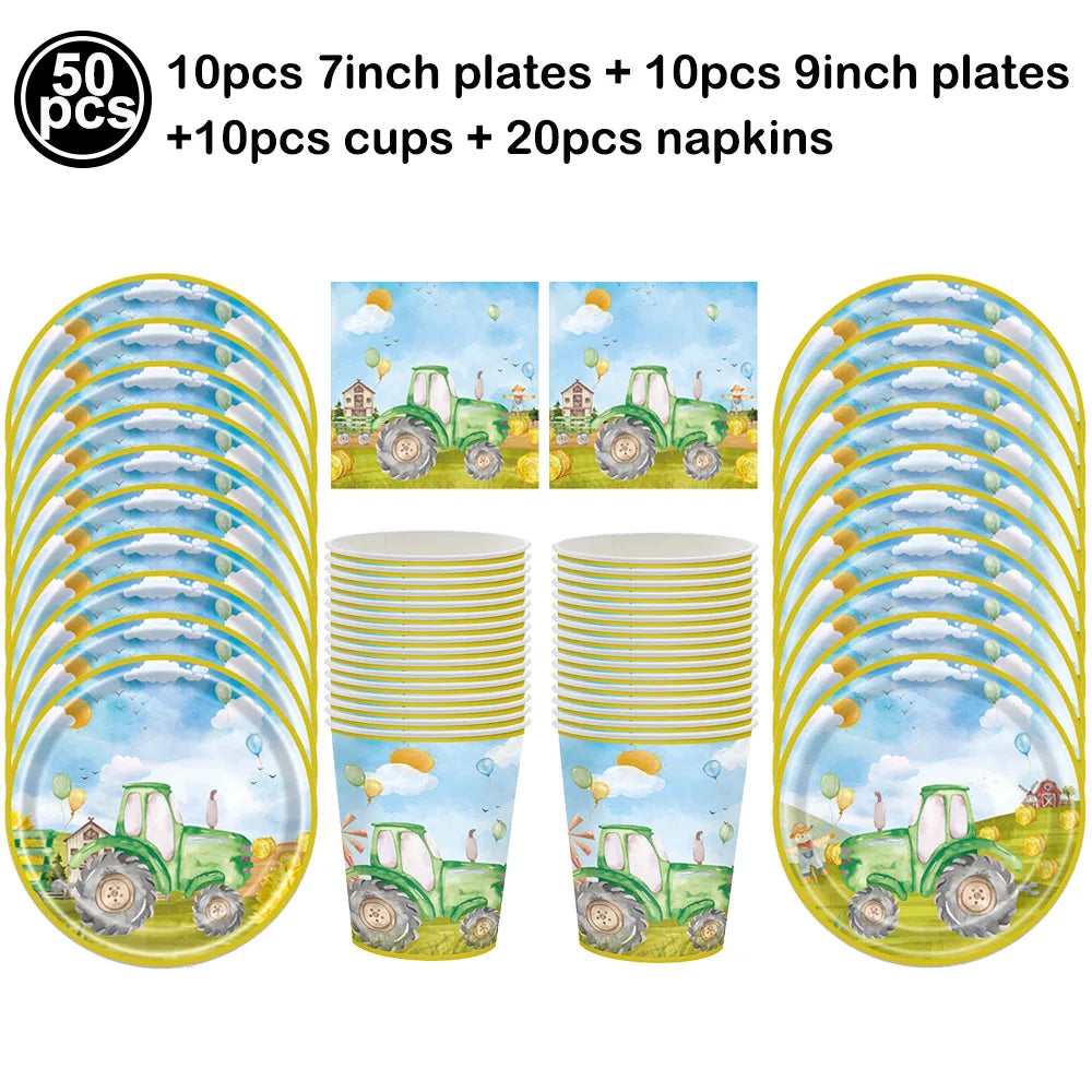 Farm Green Tractor Party Happy Birthday Banners Plates Napkins Tablecloths Farm Themed Birthday Party Supplies Decors