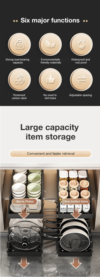 Pull out Pots and Pans Organizer Sliding Pot Lid Holder Kitchen Spice Rack Tableware Organizer Multifunctional Dish Drying Racks