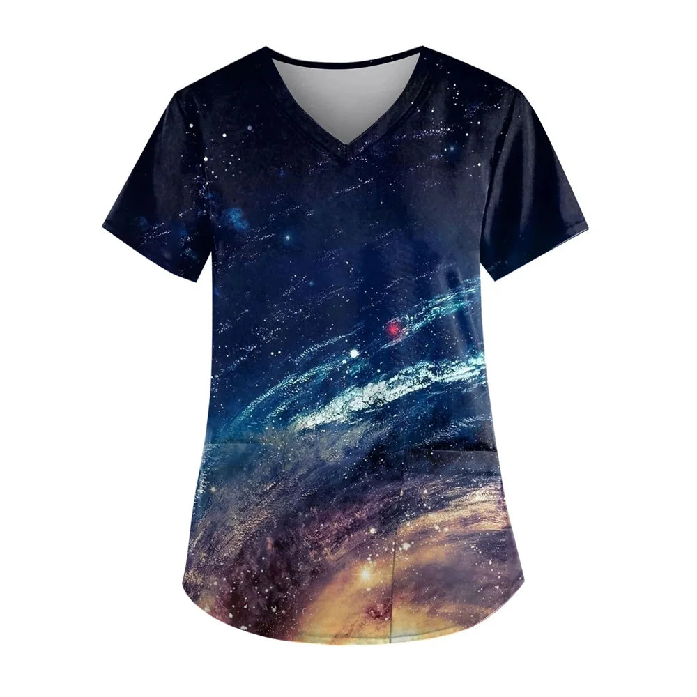 Scrubs Women Graphic with Pockets Short Sleeve Nurse Uniform Scrubs Tops Graphic Print Plus Size Work Clearance Scrub Shirts Sky