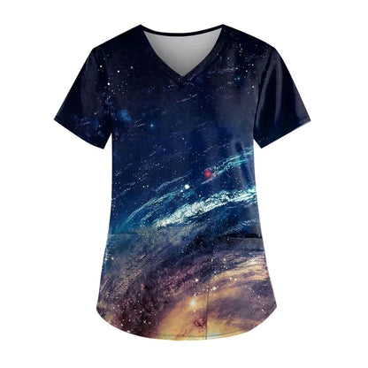 Scrubs Women Graphic with Pockets Short Sleeve Nurse Uniform Scrubs Tops Graphic Print Plus Size Work Clearance Scrub Shirts Sky
