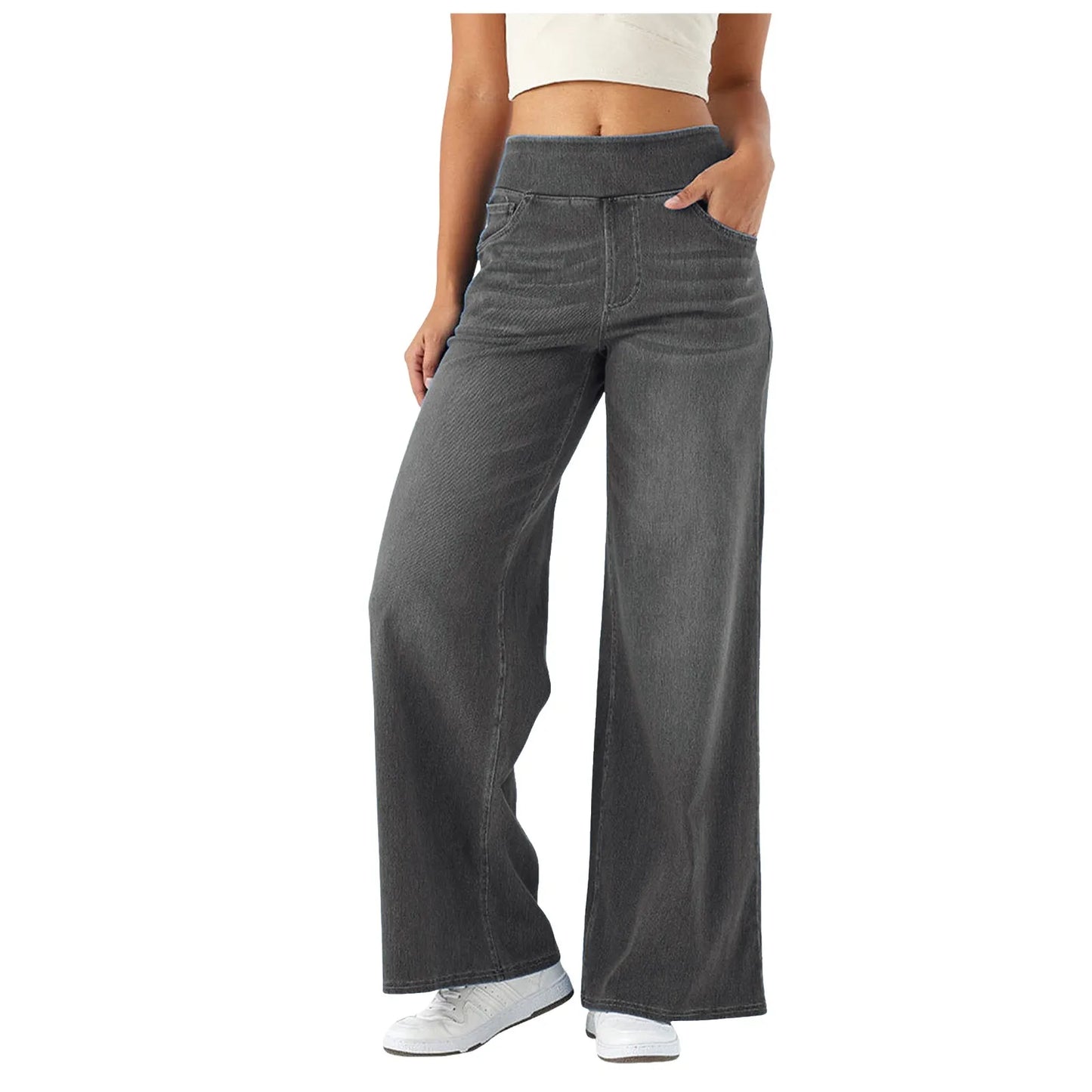 Fashion Baggy Jeans For Women Bleached Vintage High Waist Wide Leg Denim Pants With Pockets Boyfriend Stretchy Palazzo Pants