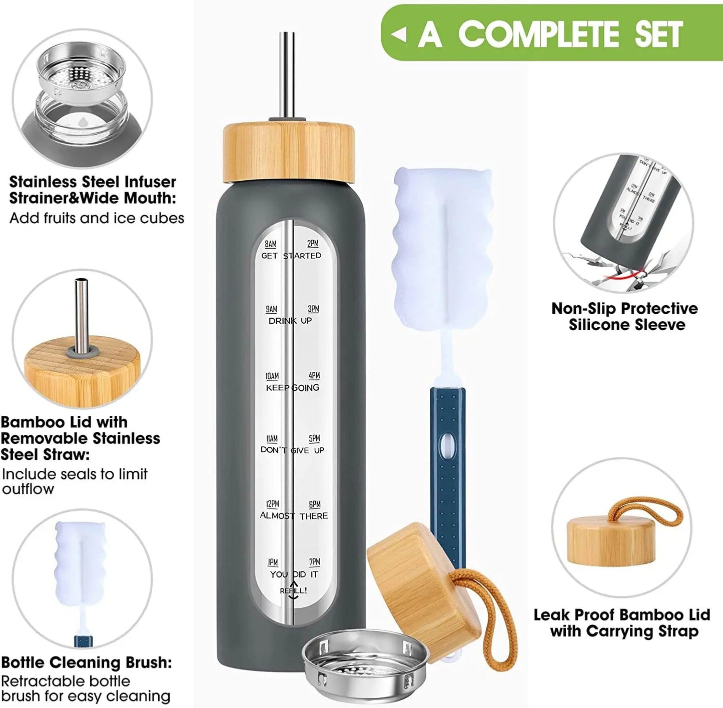 1000ML Glass Water Bottles With Straw, Glass Bottle With Silicone Sleeve And Time Marker, For Gym Home Office