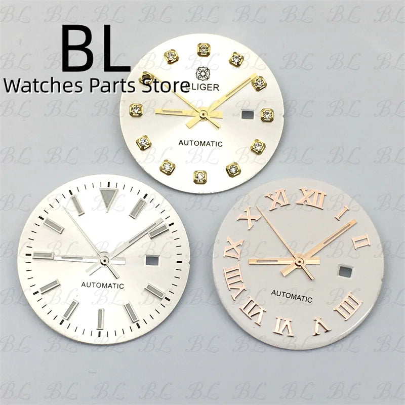 BLIGER 24.5mm Watch Dial Hand Set Sunburst Gray Rose White Mother Pearl Dial Roman Diamond Index Fit NH05 Movement Women Watches