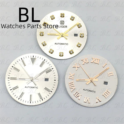 BLIGER 24.5mm Watch Dial Hand Set Sunburst Gray Rose White Mother Pearl Dial Roman Diamond Index Fit NH05 Movement Women Watches