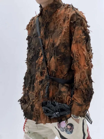 PFHQ Tie Dye Patchwork Shirts Men's Turn-down Collar Long Sleeve Tops Personalized Single Breasted Tassel Male Clothing 21Z9142