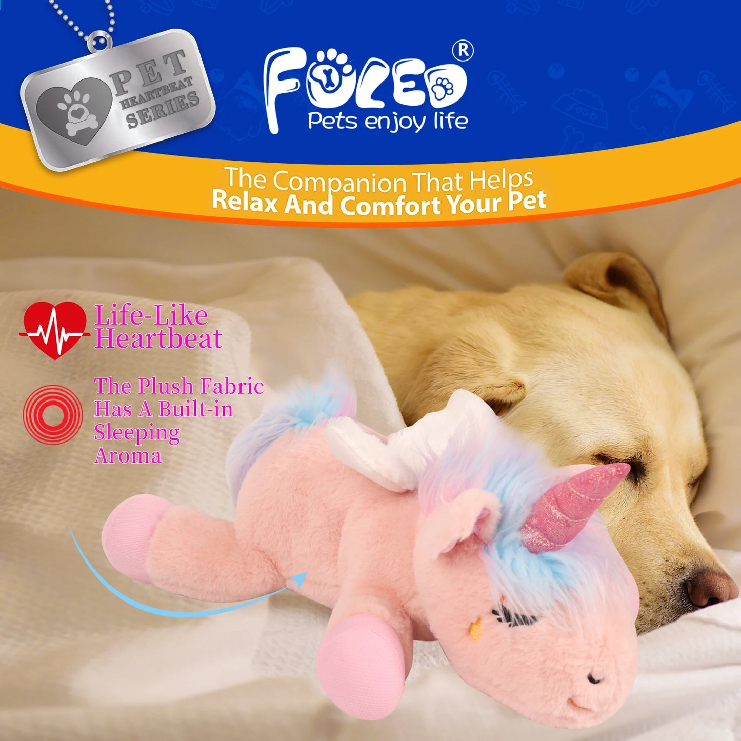 PETFULED Unicorn Heartbeat Dog Toys Plush Toys Comfort Puppy Toys Stress Reducing Sleep Aid Crate Toys, Durable Chew Toys for Do