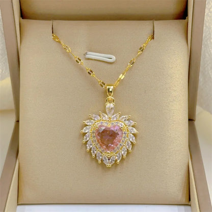 Exquisite and Cute Micro-paved Pink Necklace, Fashionable Retro Style Versatile Stainless Steel Clavicle Chain