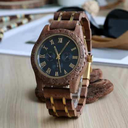 Men's Wooden Wrist Watches for Men Chronograph Fashion Wristwatches Business Blue Wood Mens Watches Clock reloj madera hombre