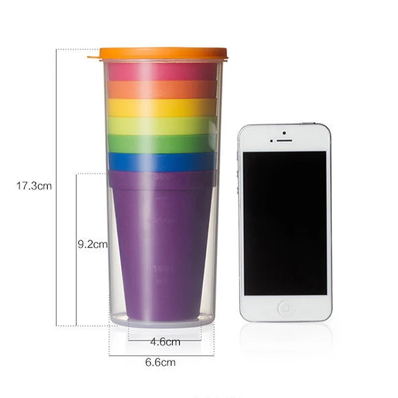 7pcs Rainbow Plastic Cups Set Reusable Water Mug Picnic Travel Trendy Funny Portable Rainbow Suit Cup Party Kids Drink Cup