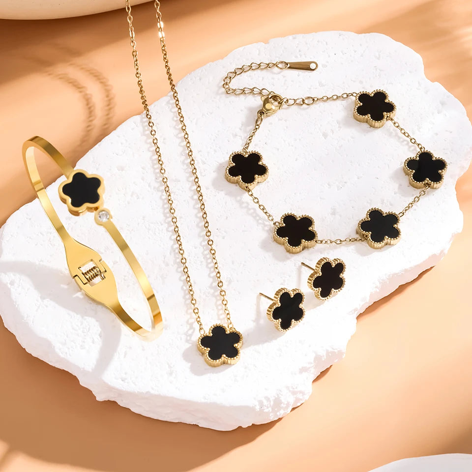 3Pcs Stainless Steel 316L Luxury Plum Blossom Plant Five Leaf Flower Necklace Earrings Bracelet For Women Gift Jewelry Sets