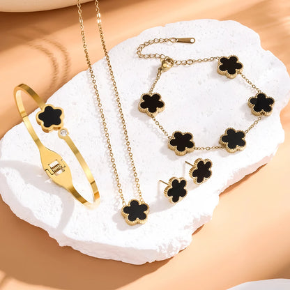 3Pcs Stainless Steel 316L Luxury Plum Blossom Plant Five Leaf Flower Necklace Earrings Bracelet For Women Gift Jewelry Sets