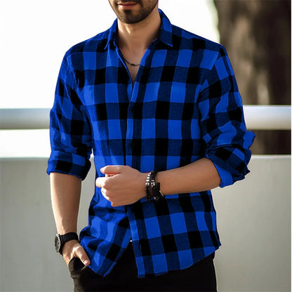 Fashion Style Black And White Plaid Shirt Men's Long-sleeve Shirt Summer New Button Lapel Shirt Street Loose Casual Top Clothing