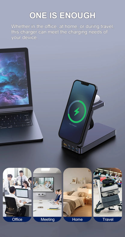 7-in-1 Charging Station 260W GaN Fast USB C Desktop Charger 15W Magnetic Wireless Charger for iPhone 16/15 Pro Max MacBook Pro