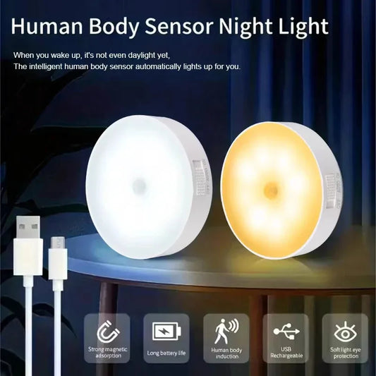 LED Smart Human Body Sensor Night Lamp Emergency Automatic Lighting USB Charging Wireless Magentic Suction Use Night Light