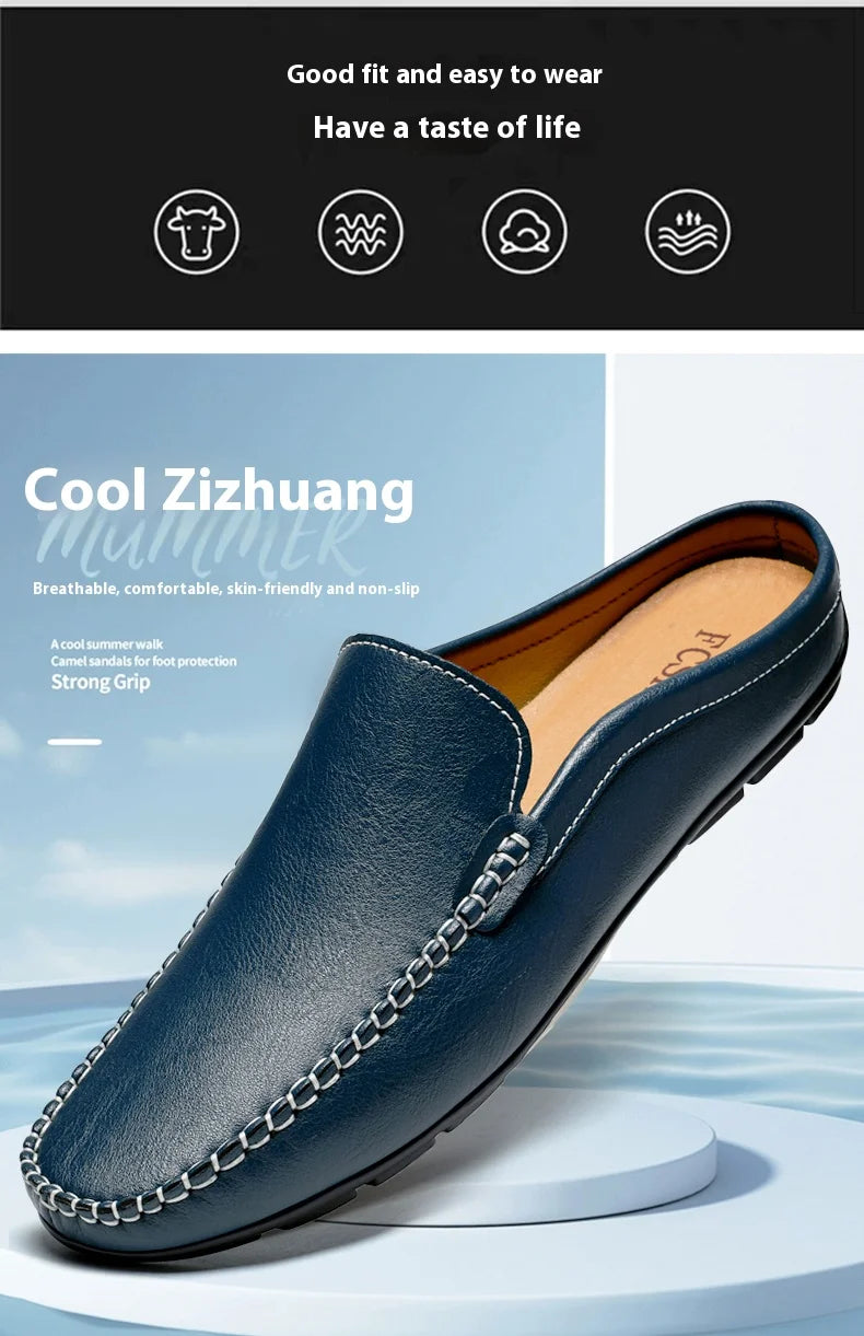 Closed Toe Half Shoes for Men Black Blue Mules Slippers Slip on Genuine Cowhide Leather Luxury Flat Sandals Man Summer 2025