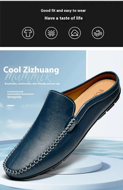 Closed Toe Half Shoes for Men Black Blue Mules Slippers Slip on Genuine Cowhide Leather Luxury Flat Sandals Man Summer 2025