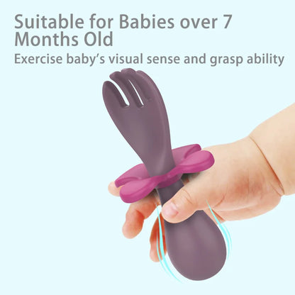 2pcs/set Food Grade Silicone Mini Fork Spoon For Baby petal  Print Utensils Set Feeding Spoon Learn To Eat Children's Tableware
