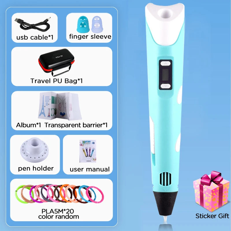 3D Printing Pen 9/50/100/200M PLA Filament LED Display With PU Case DIY Drawing Pens Stimulate Creativity Kids Toys 3D Pen