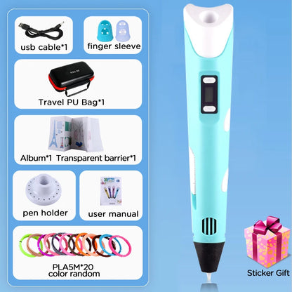 3D Printing Pen 9/50/100/200M PLA Filament LED Display With PU Case DIY Drawing Pens Stimulate Creativity Kids Toys 3D Pen