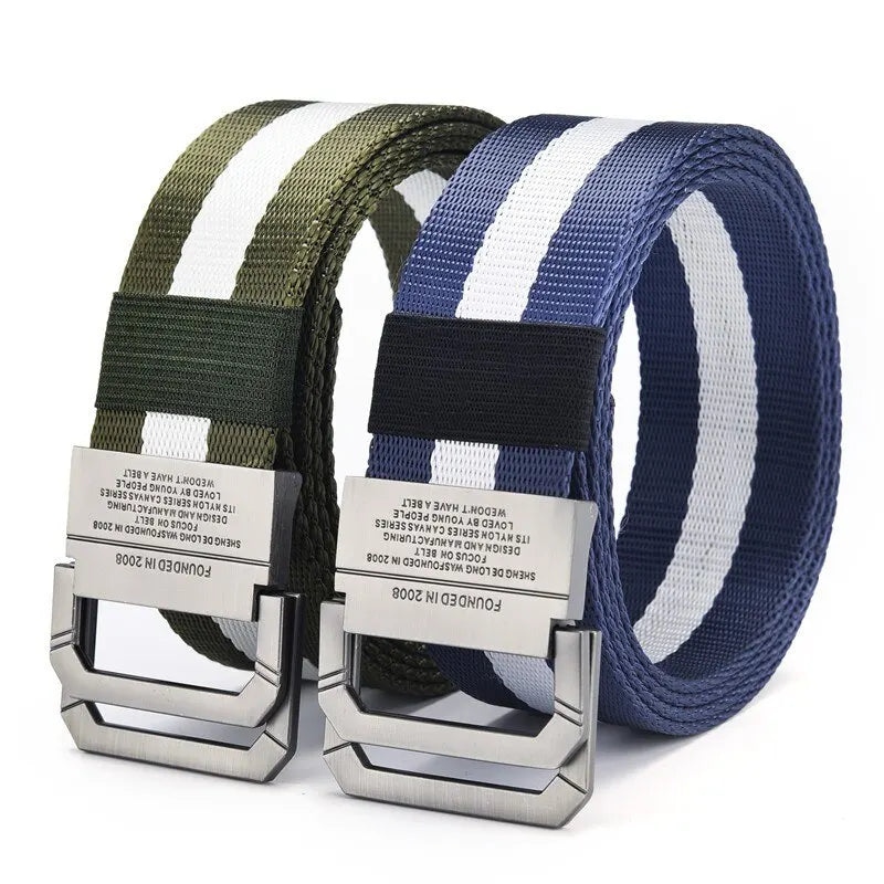 Men's Belt Trend Double Loop Buckle Canvas Belt Women's Belt with Cargo Pants Jeans Belt Outdoor Sports Belt No Perforated Belt