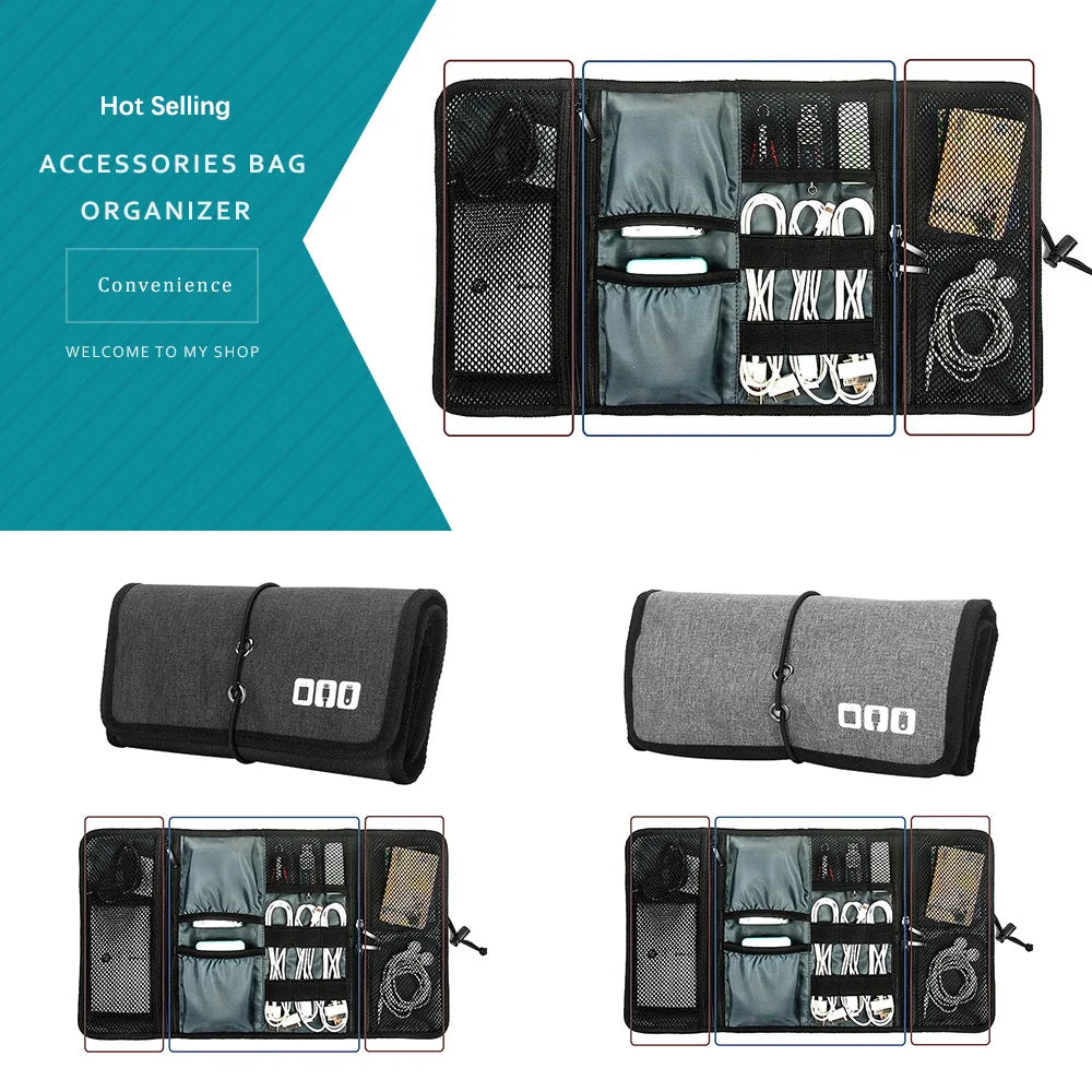 Electronic Organizer Cord Pouch, Travel Cable Charger Phone Accessories Bag Organizer Roll up Tech Carrying Case for USB Cables
