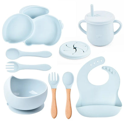 Baby Silicone Tableware Set   Plate with sucker Waterproof Bib Newborn Feeding Burp Toddler Dinner Plate