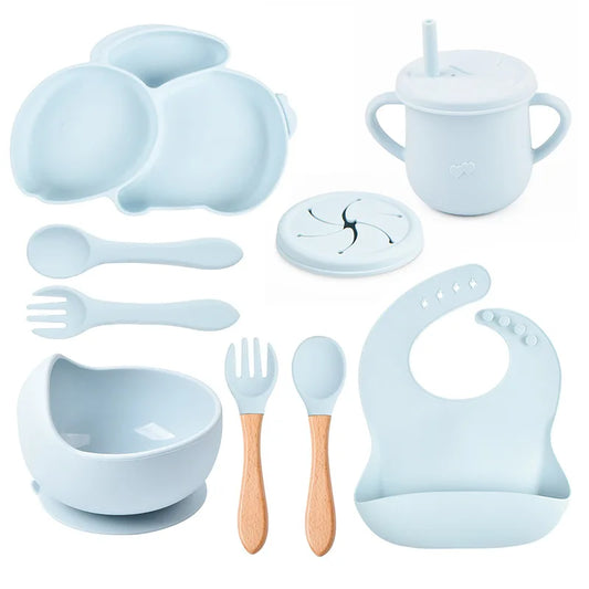 Baby Silicone Tableware Set   Plate with sucker Waterproof Bib Newborn Feeding Burp Toddler Dinner Plate