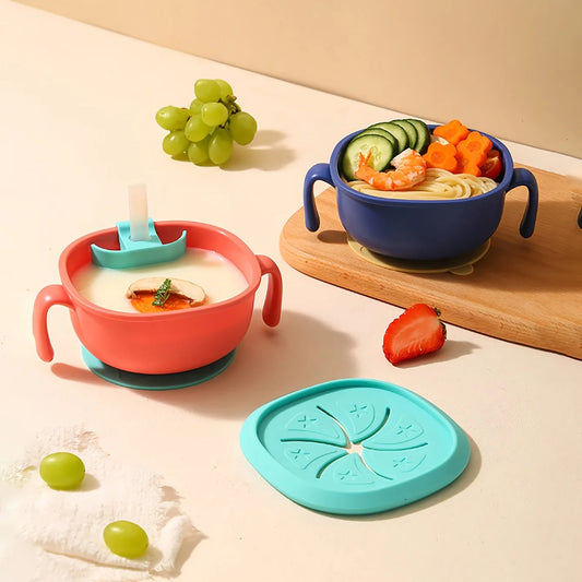 3-in-1 Baby Snack Bowl with Silicone Straw,Cover&Detachable Suction,Kids Soup Bowl with Handle, Portable Handle Cup for Outdoor