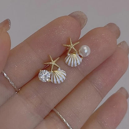 Imitation Pearl Asymmetric Ocean Style Earrings Stud For Women Starfish Shell Earring Ear Ring Zircon Fashion Jewelry Gift