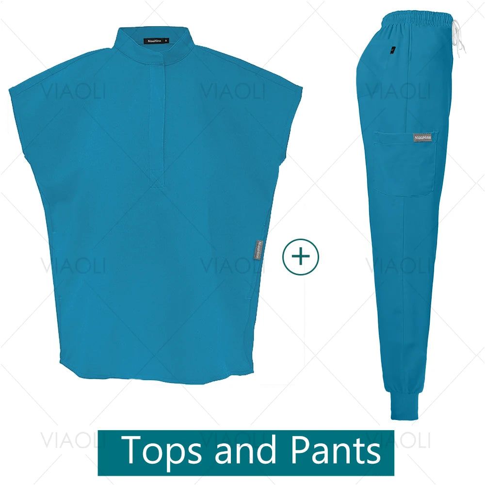 Scrubs Uniforms Sets Medical Nursing Hospital Working Clothes Solid Color Surgical Gowns Breathable Scrub Top Joggers Pants Suit