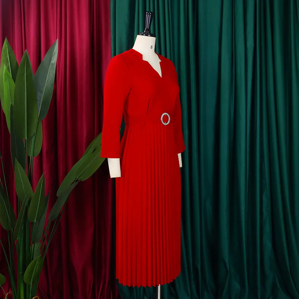 Office Dresses for Women V Neck Full Sleeve Belt Waisted Pleated Mid Calf Elegant Female Business Work Wear Dress Midi Cloth New