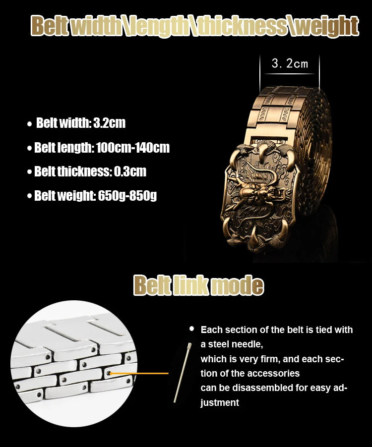 Men's belt metal stainless steel belt silver dragon retro-cologne silver belt high-end designer steel belt personality belt
