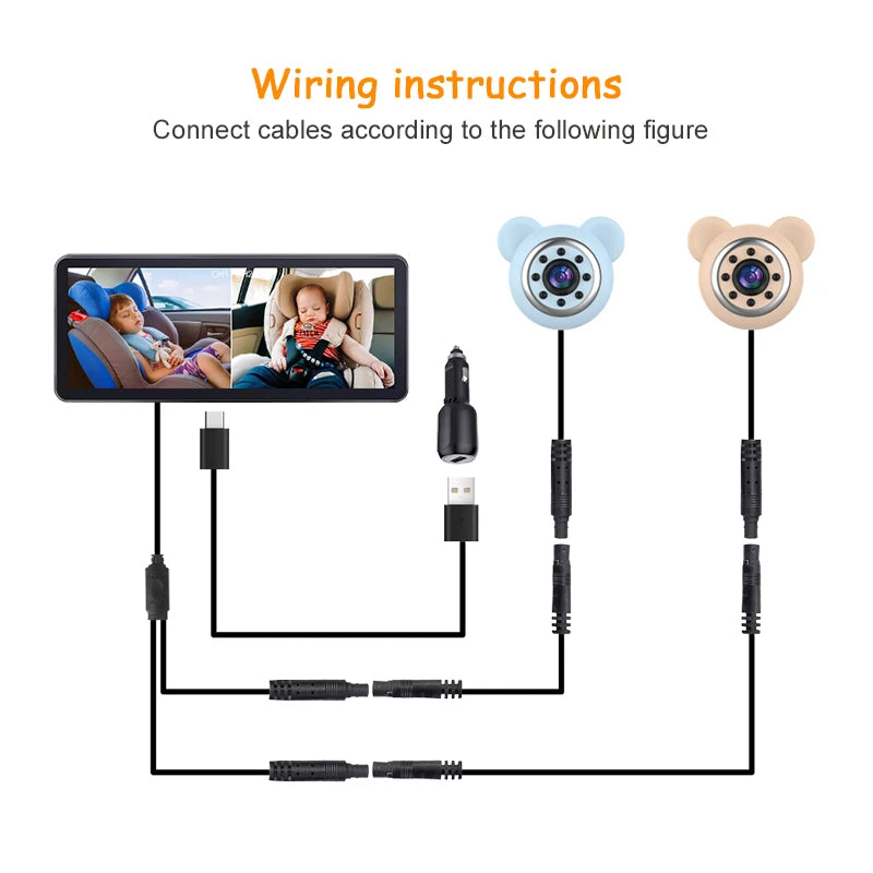 2 Camera Rear View Monitor 6.86'' IPS Screen Baby Car Mirror Wide View Angle for Infants Kids Pets Night Vision Function