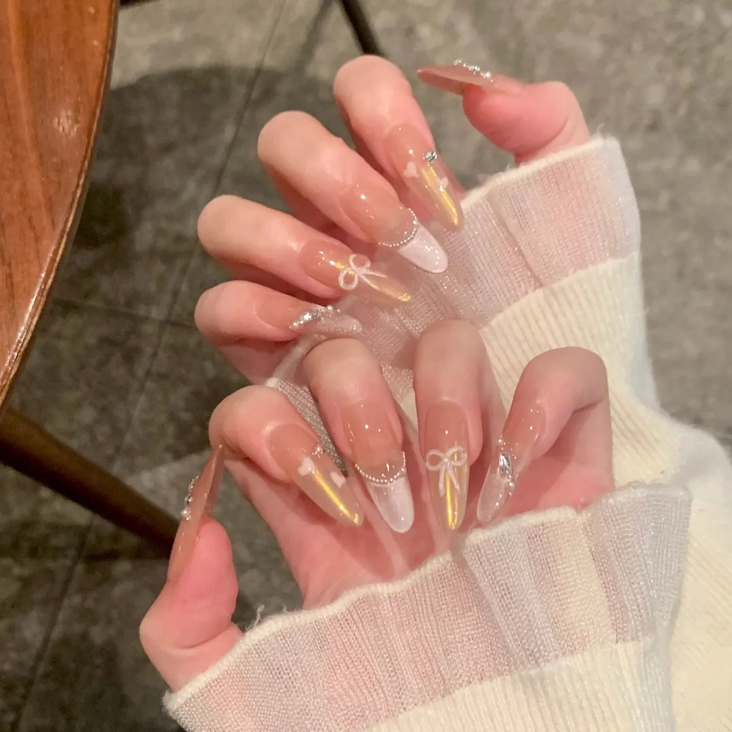 24Pcs Almond Pure Handmade Press On Nails Full Cover Butterfly French Pearl Diamond False Nails Wearable Manicure Nail Tips Art