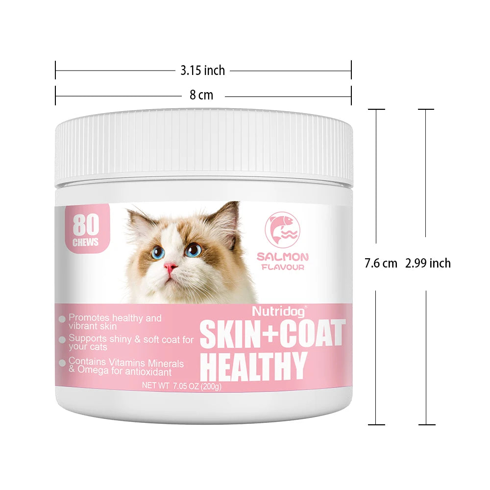 Skin & Coat Cat Chews - Omega 3, Vitamin E, Biotin Supplements for Healthy Skin, Glossy Coat & Anti - Shedding, Salmon Flavor