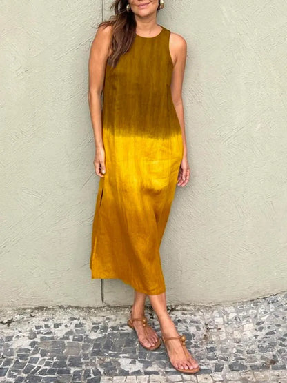 2024 Women Gradient Dress Split Sleeveless Maxi Dresses New Summer Casual Fashion Female High Street Vestidos
