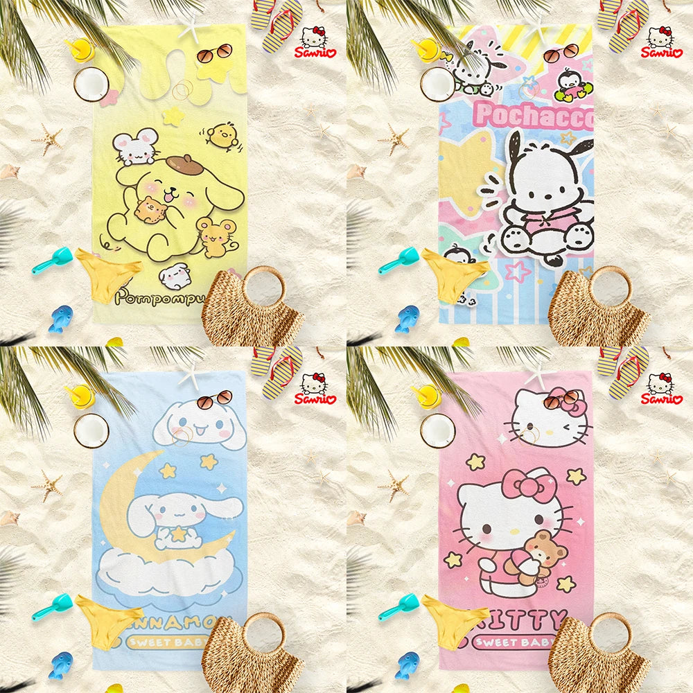 Adorable Cartoon-Printed Beach Towels: PomPomPuu, Pochacco, Cinnamo, and Kitty Designs! Suitable for towels, bath towels