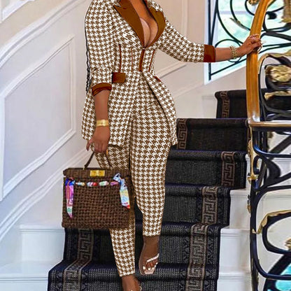 Women Two Piece Sets Outfits Elegant Tweed Slim Long Trousers Short Coat Tops Lady Clothes Formal Business Office Work Suits