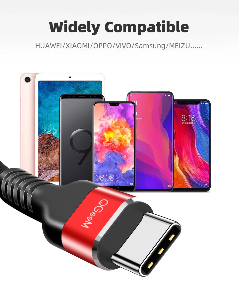 QGeeM 3A USB C Cable Type C Cable for Xiaomi OPPO Realme Poco Oneplus Redmi Phone Charger Fast Charge Charger USB Type C Cable