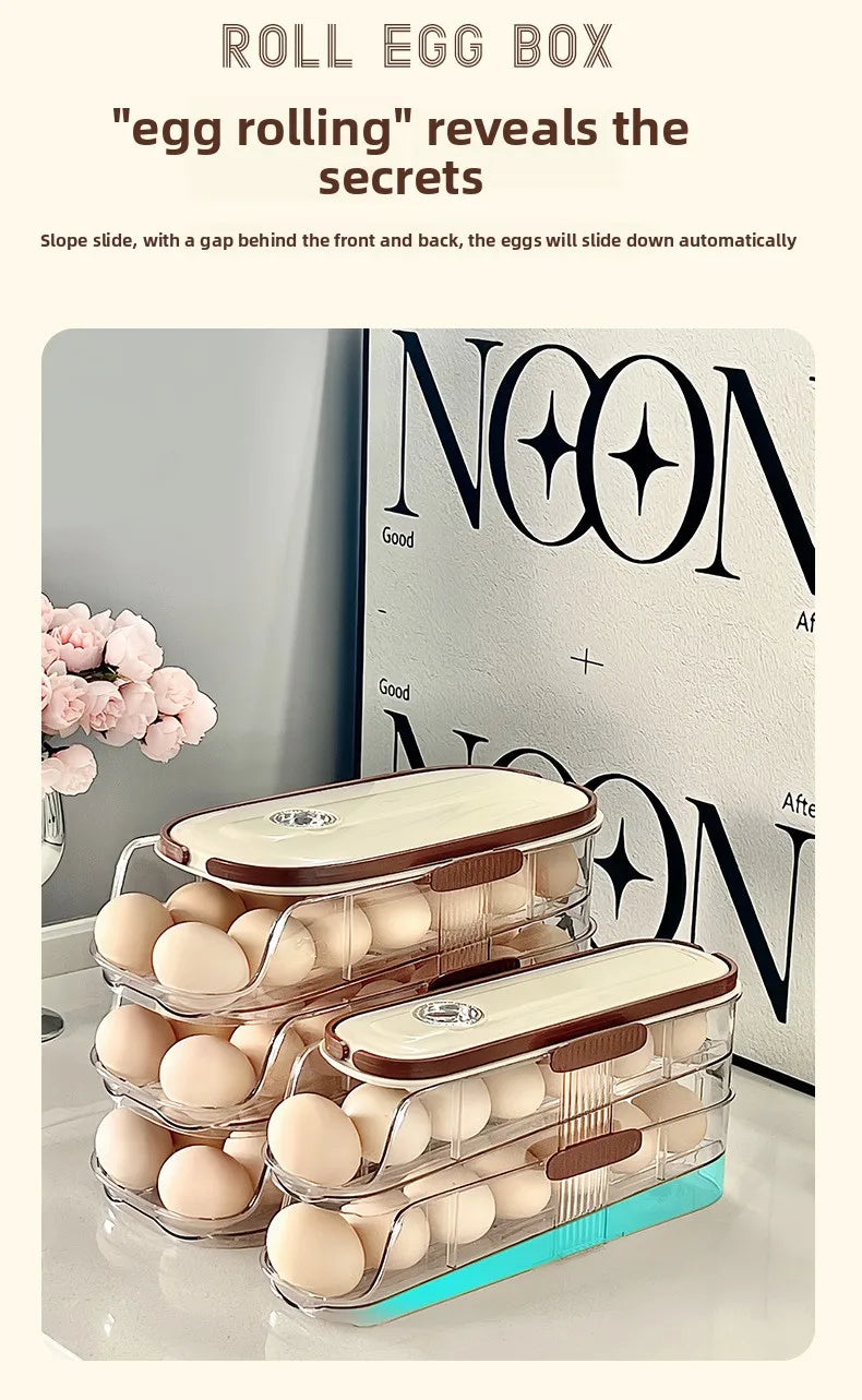 Smart Egg Storage Box - Slide-Out Drawer & Gravity Roller Design with Hidden Handle, Stackable Fridge Organizer for Side Door