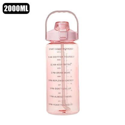 2L Water Bottle with Time Marker, Leak Proof, Non-Slip, Plastic  Portable Travel Water Bottle Fitness Cup With Cute Stickes