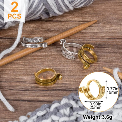 Knitting Crochet Loop Ring for Fingers 2pcs Metal Crochet Loop Ring Adjustable Knitting Loop Braided Knitting Ring