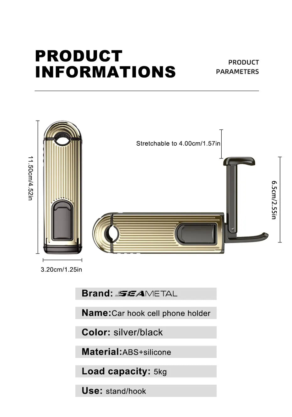 SEAMETAL 2 in 1 Car Seat Back Hook with Phone Holder Stable Headrest Hanging Hook Anti Slip Silicone Pad Hidden Rear Row Hanger