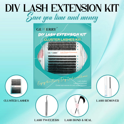 Gemerry 50P Eyelashes Extension Kits 280pcs Lash Clusters Lash Bond And Seal Lash Glue Remover And Lash Tweezer Makeup Supplies