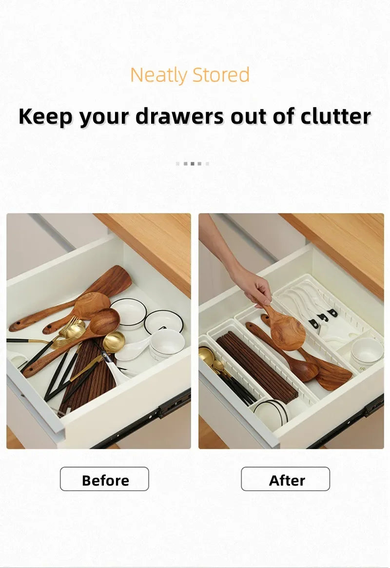 Kitchen Drawer Organizer Cutlery Storage Box Adjustable Cabinet Organizer with Divider Board Utensil Storage Box for Drawers